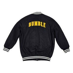 BUMBLE Social Dating App Black LETTERMAN Bomber Varsity Jacket Mens Small Rare